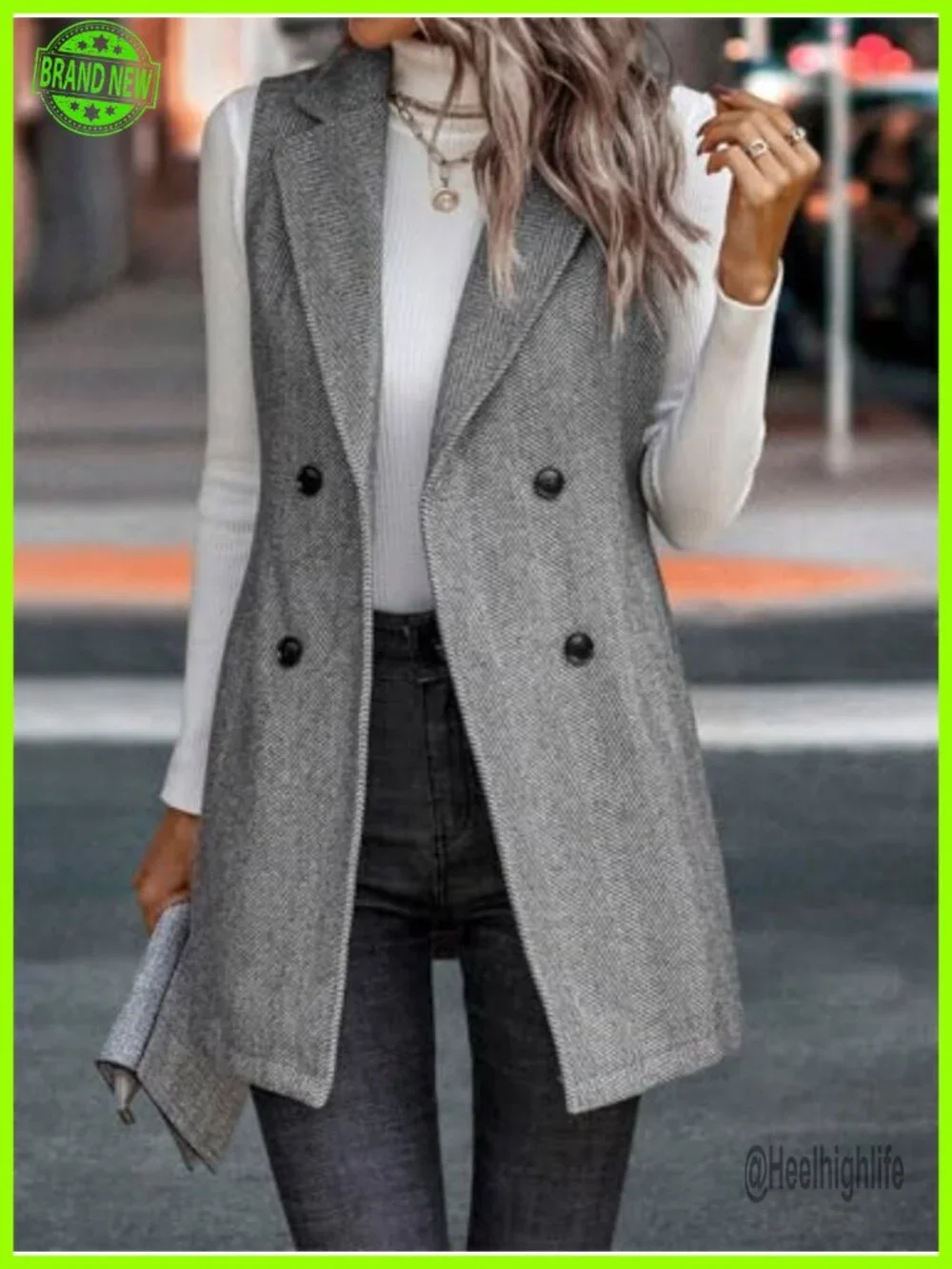 Long Sleeveless Wool Vest Double Breasted Lapel Fall Winter Coat